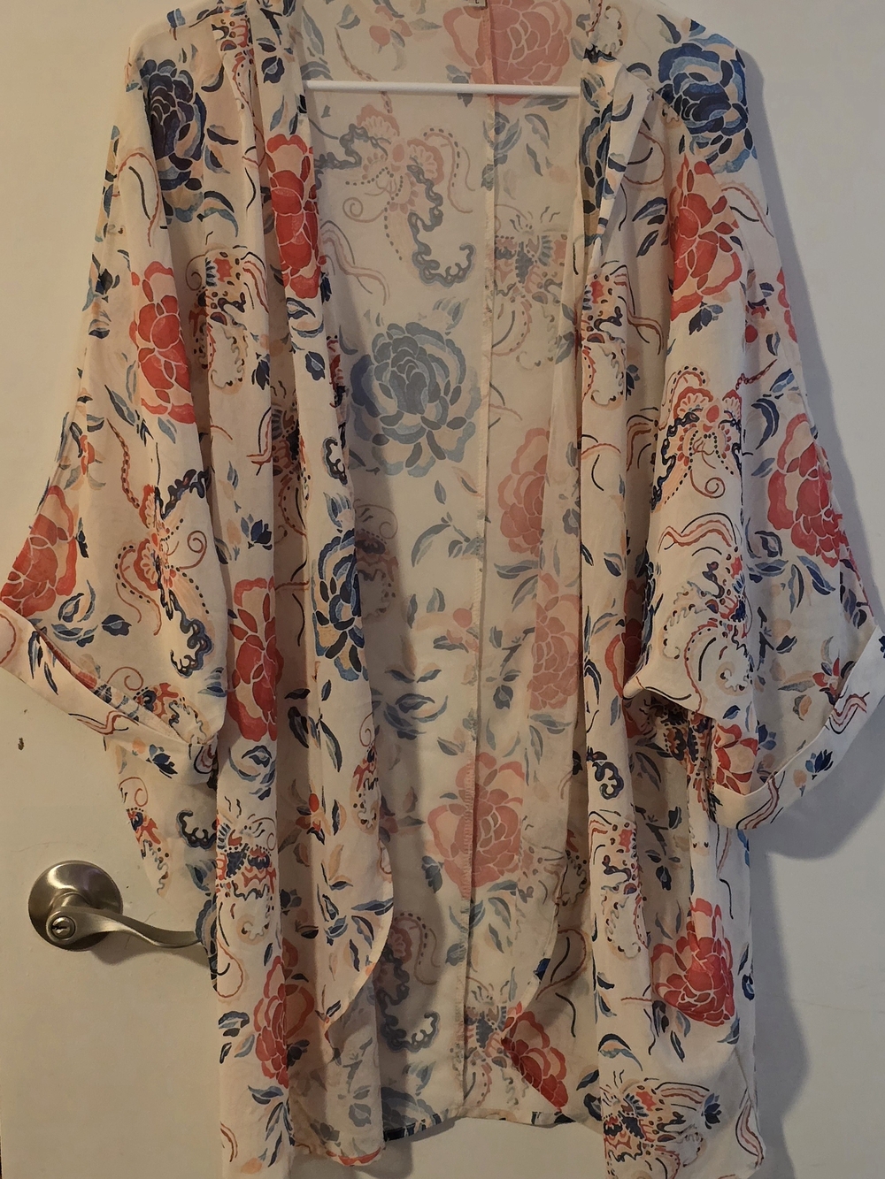 Floral Sheer Kimono Jacket - Cream with Coral & Blue